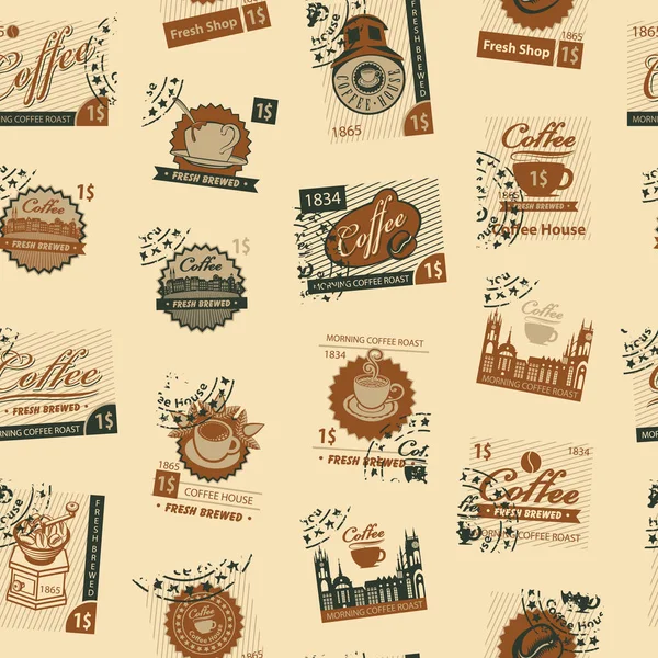 Modèle sans couture avec des cachets postaux sur le thème du café — Image vectorielle
