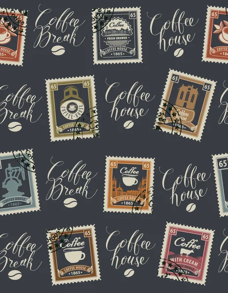Безшовний візерунок на тему кави з поштовими марками — стоковий вектор
