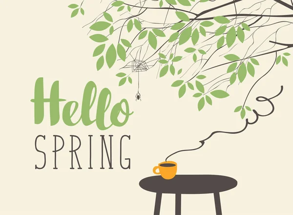 Paisaje en el tema de primavera con copa en la mesa — Vector de stock