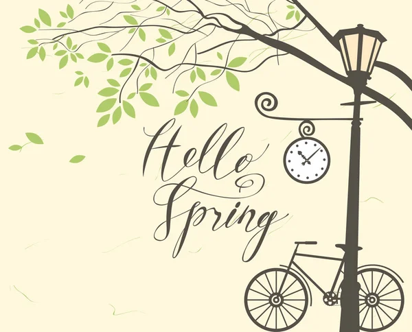 Paisaje primaveral con bicicleta, árbol y farola — Vector de stock