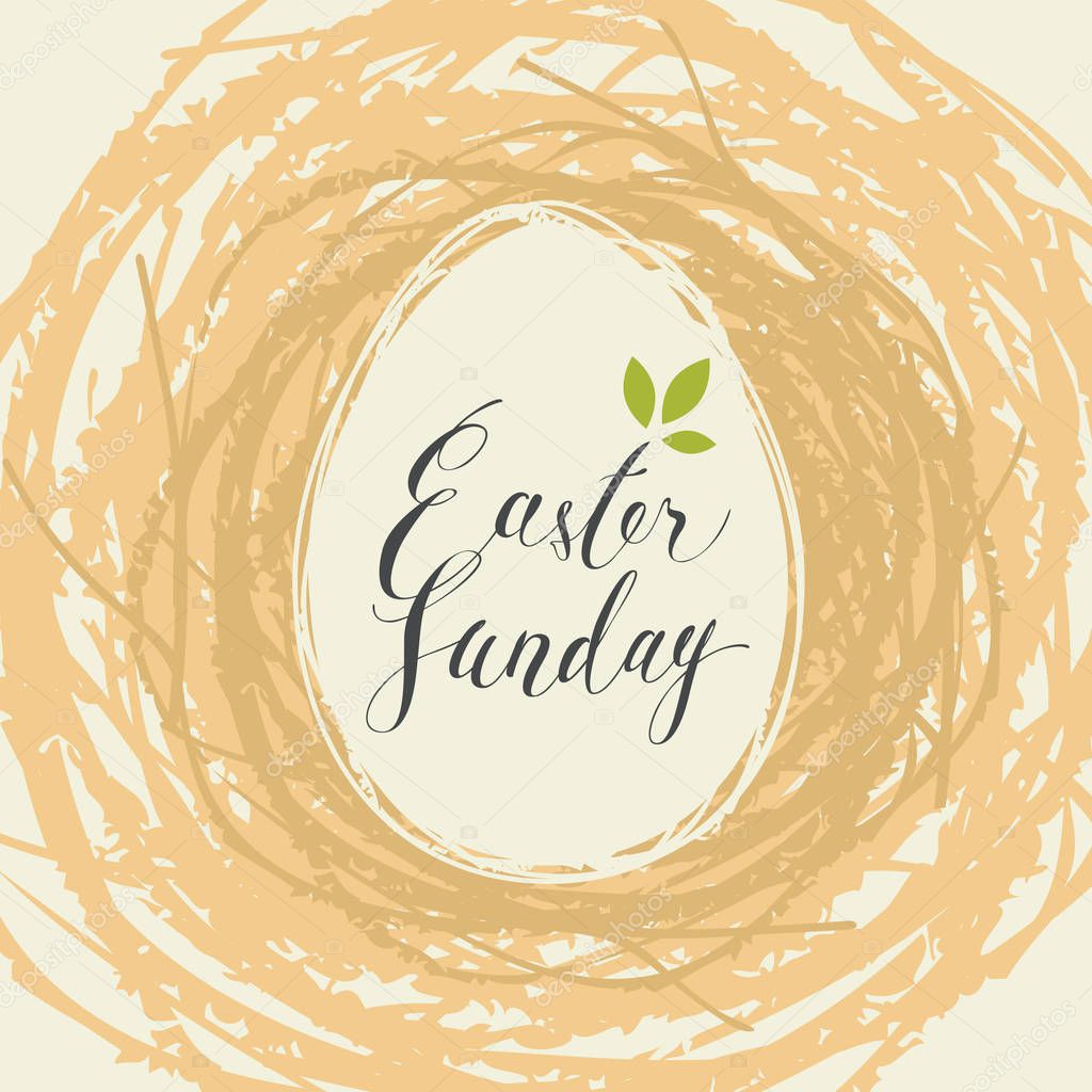 Vector greeting card with Easter egg in birds nest with handwritten inscription Easter Sunday in retro style