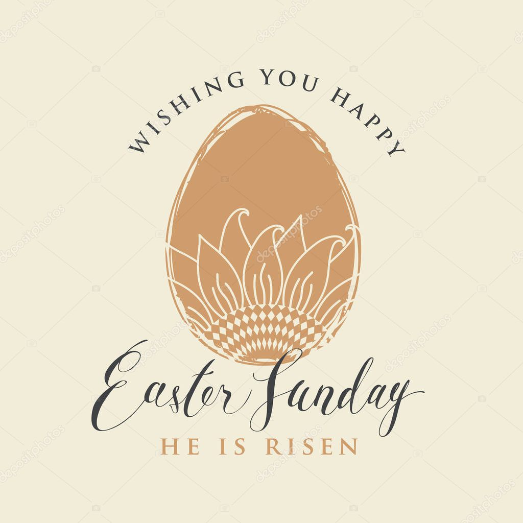 Vector greeting card with inscription Easter Sunday and yellow Easter egg with contour pattern of sunflower flower