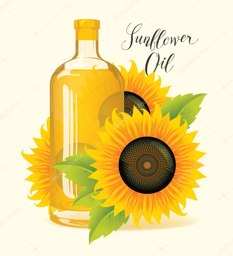 Bottle of sunflower oil with sunflowers and leaves