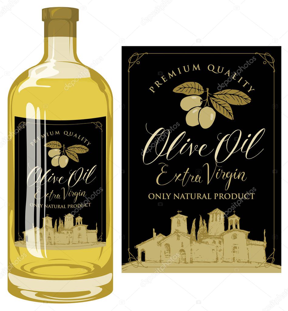 Label for olive oil with countryside landscape