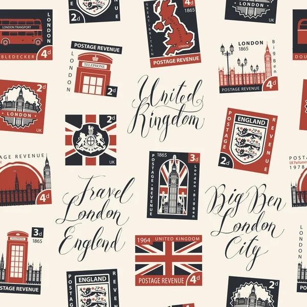 영국 테마 우표에 완벽 한 패턴 — 스톡 벡터