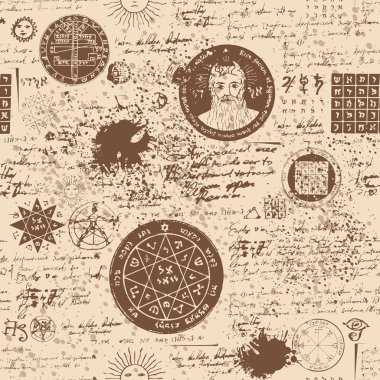 seamless pattern, manuscript with occult symbols clipart