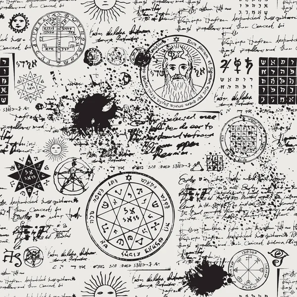 Modello senza cuciture, manoscritto con simboli occulti — Vettoriale Stock