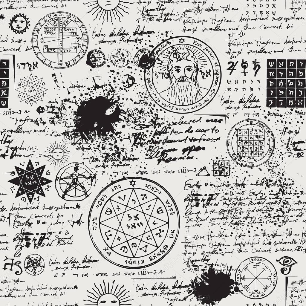 seamless pattern, manuscript with occult symbols