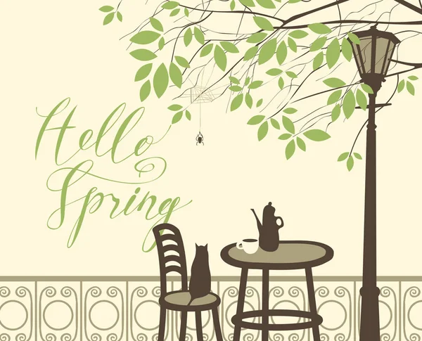 Café de printemps rue sous l'arbre avec chat et araignée — Image vectorielle