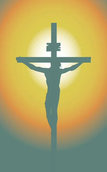 Cruz con Jesucristo crucificado en la puesta del sol — Vector de stock