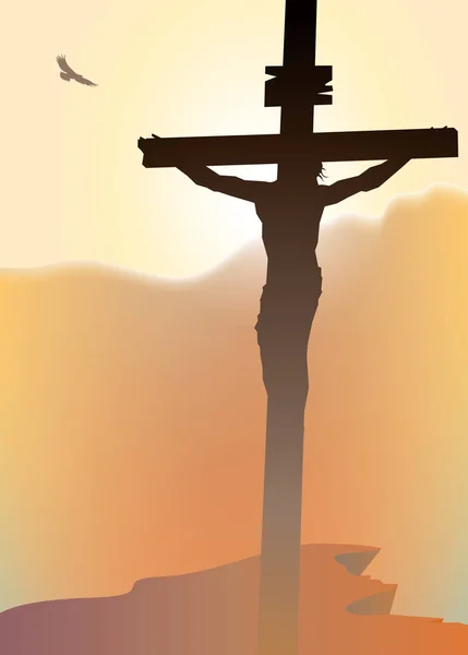 Kreuz mit dem gekreuzigten Jesuschristen im Sonnenuntergang — Stockvektor