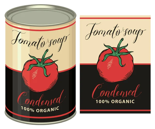 Ilustrasi kaleng kaleng dengan label sup tomat - Stok Vektor