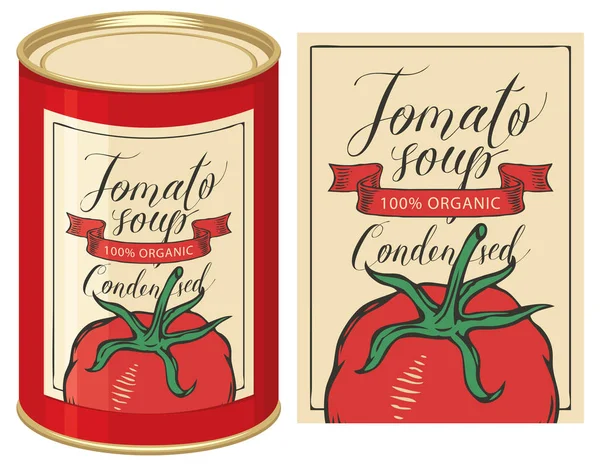 Illustration d'une boîte de conserve avec étiquette soupe de tomate — Image vectorielle