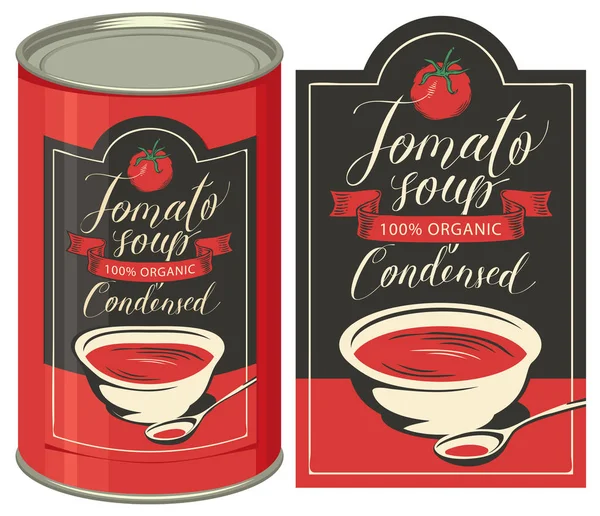 Ilustracja z puszką z etykiety zupa pomidorowa — Wektor stockowy