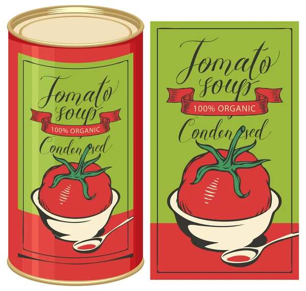 Illustration d'une boîte de conserve avec étiquette soupe de tomate — Image vectorielle