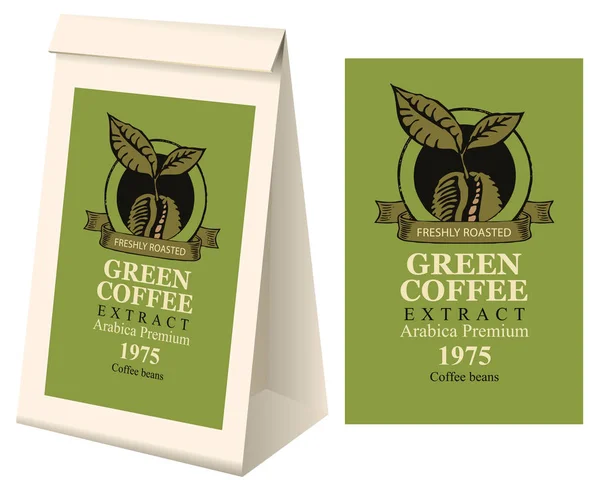 Embalaje de papel con etiqueta para granos de café — Vector de stock