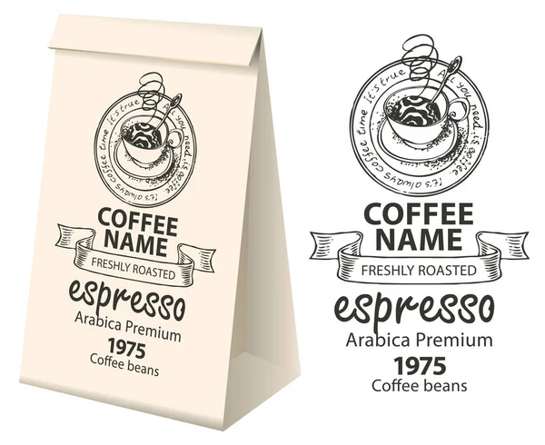 Emballage papier avec étiquette pour grains de café — Image vectorielle