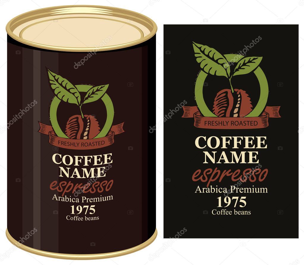 A tin can with black label for coffee beans. Vector label for coffee with coffee bean and inscription and tin can with this label.
