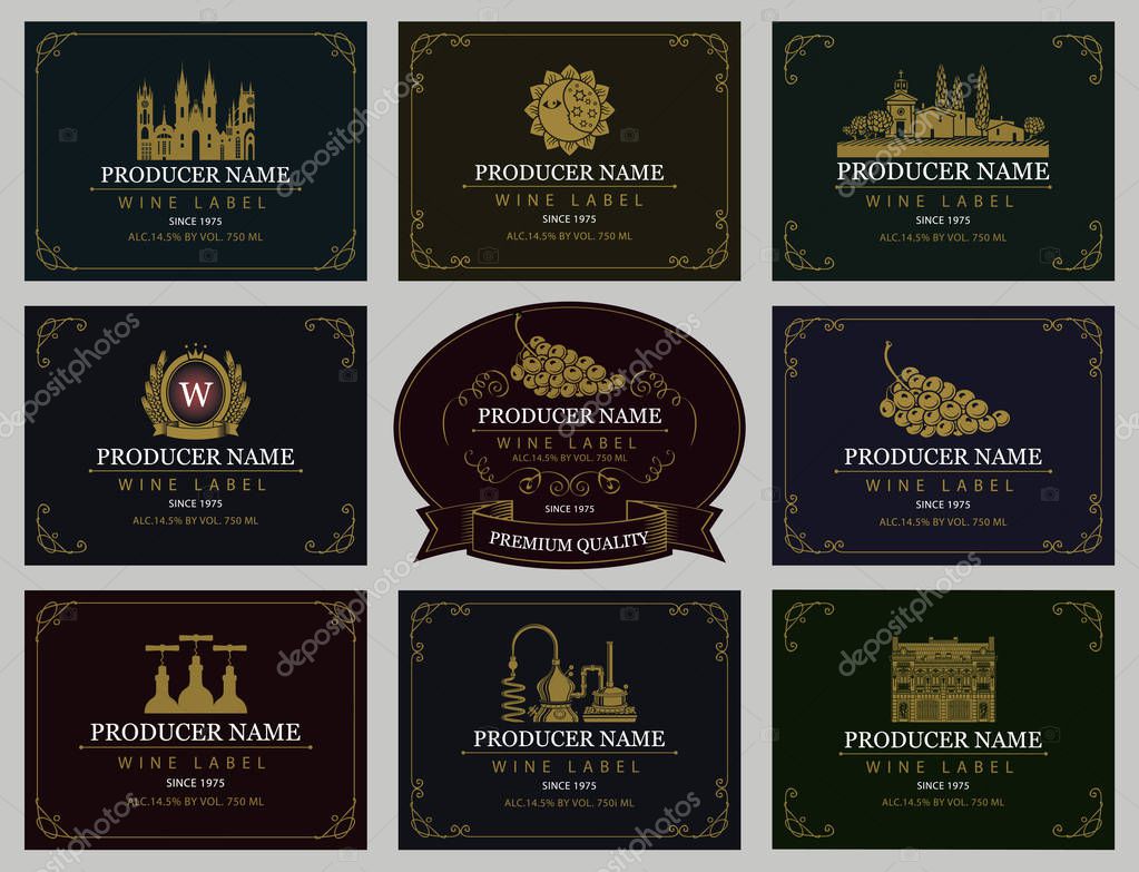Vector set of wine labels with the image of grapes, winery, castle, sun, landscape, coat of arms and other in retro style in frames with curls