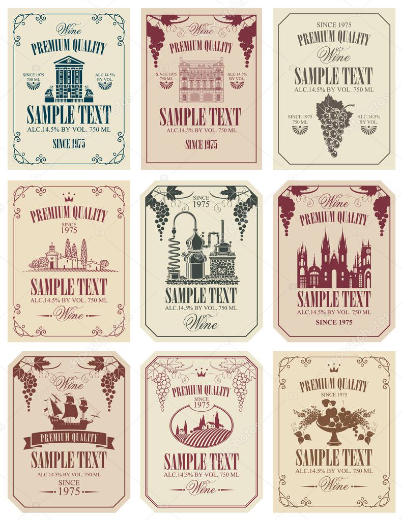 Set of vector labels for wine in retro style