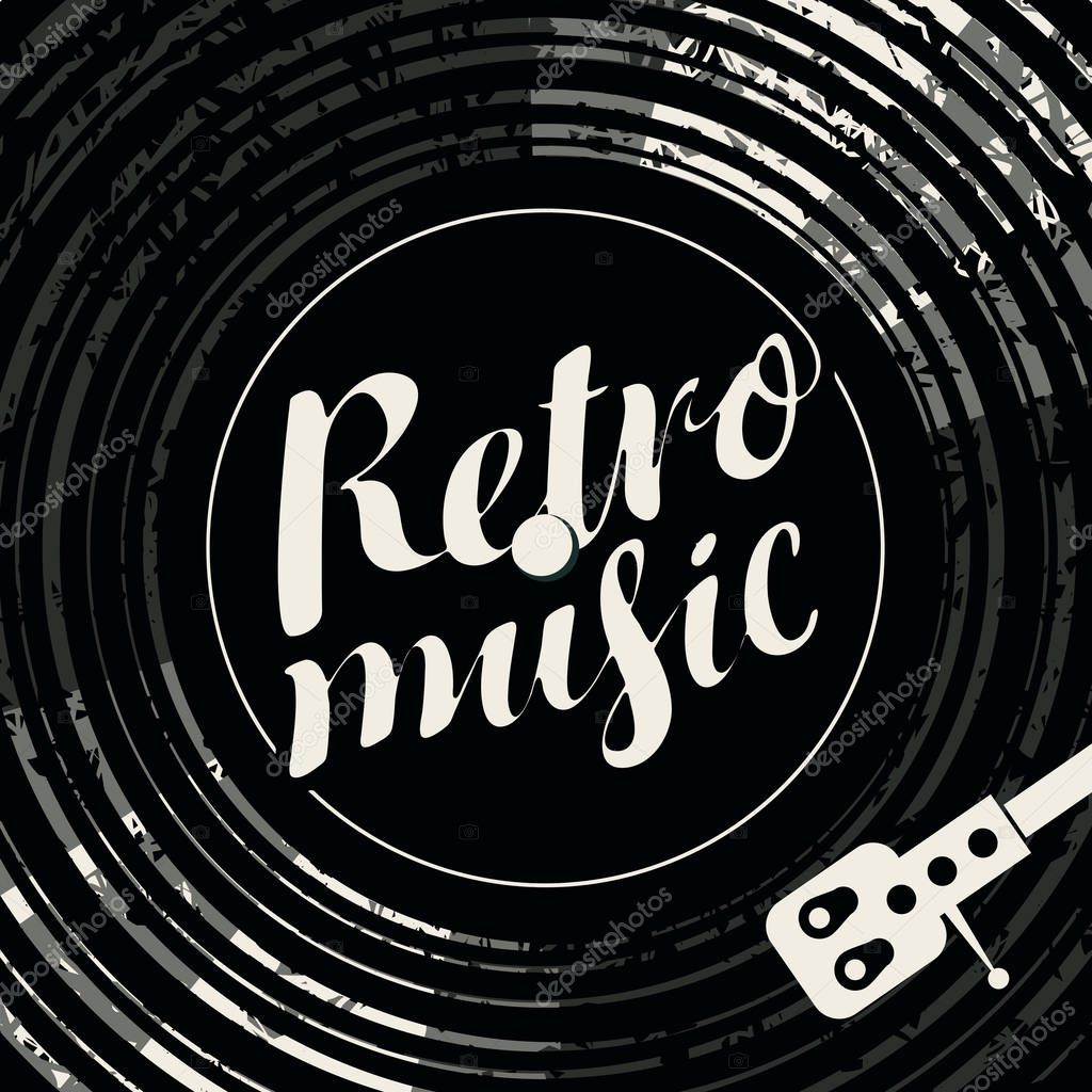 Black and white vector poster for the retro music with vinyl record, record player and calligraphic inscription