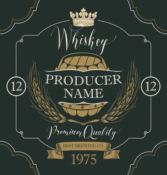 Label voor whiskey met oren van gerst en vat — Stockvector