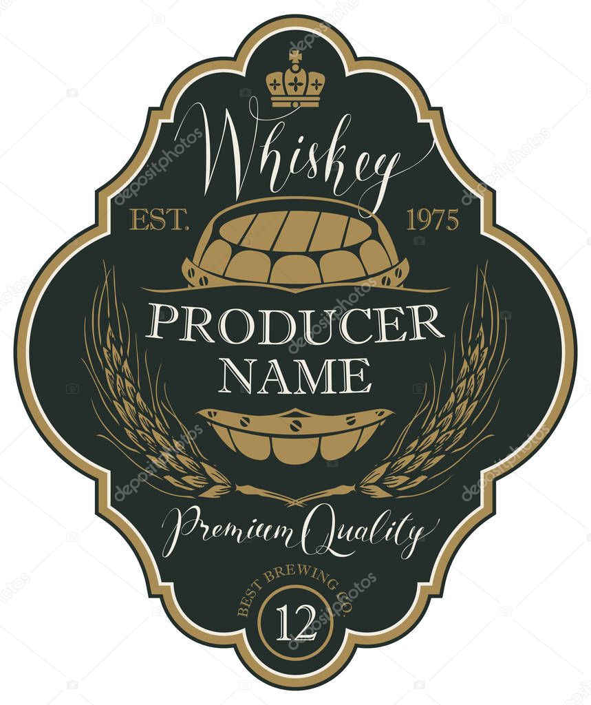 Vector label for whiskey in the figured frame with crown, ears of barley, wooden barrel and handwritten inscription on black background in retro style