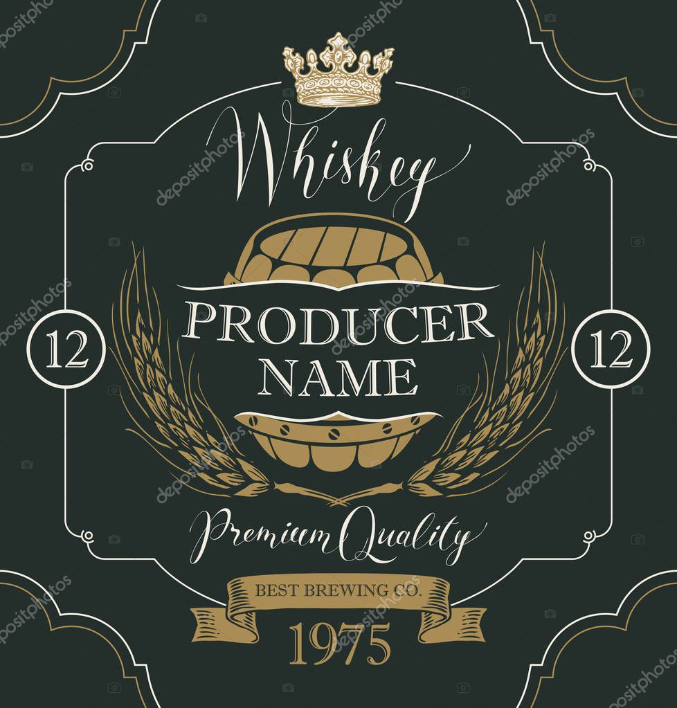 Vector label for whiskey in the figured frame with crown, ears of barley, wooden barrel and handwritten inscription on black background in retro style