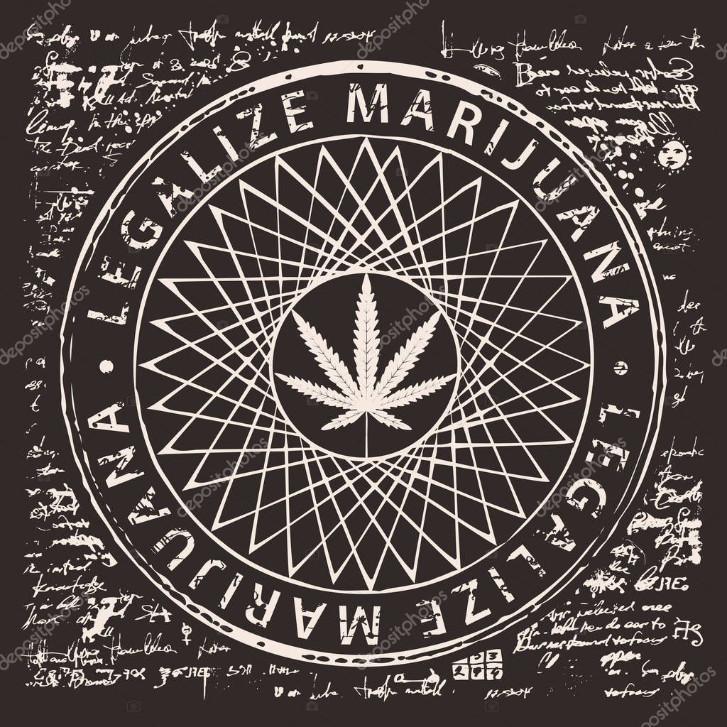 Vector banner for legalize marijuana with hemp leaf pattern on abstract old papyrus background or grunge style manuscript. Natural product made from organic hemp. Smoking weed. Medical cannabis logo