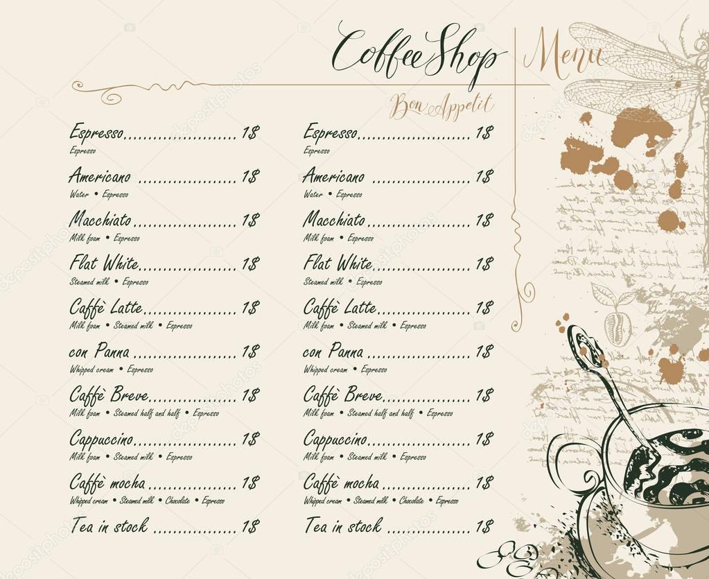 Coffee shop menu with price list and pictures