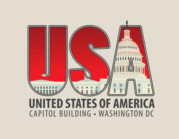 미국 미 국회 의사당 건물의 이미지와 문자 — 스톡 벡터