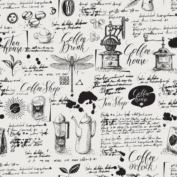 Grunge naadloze achtergrond op koffie en thee thema — Stockvector