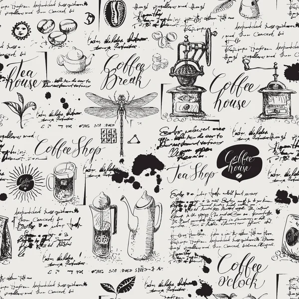 Grunge fondo sin costuras en el tema de café y té — Vector de stock