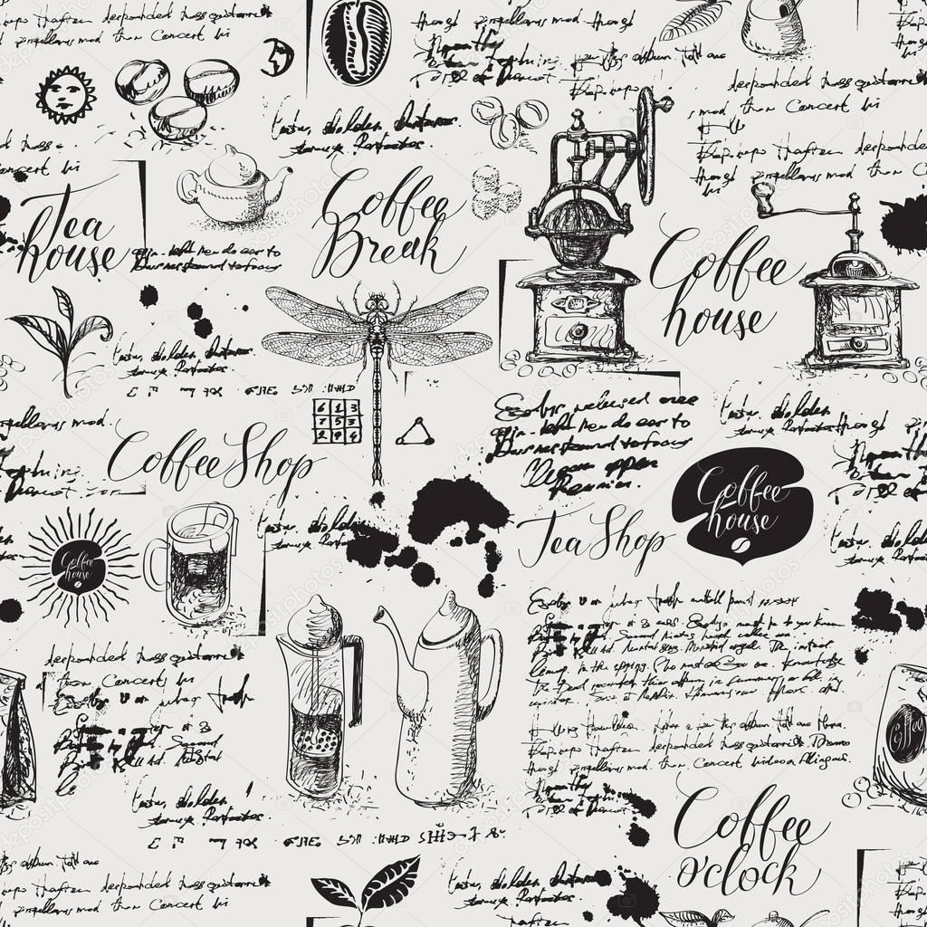 Grunge seamless background on coffee and tea theme