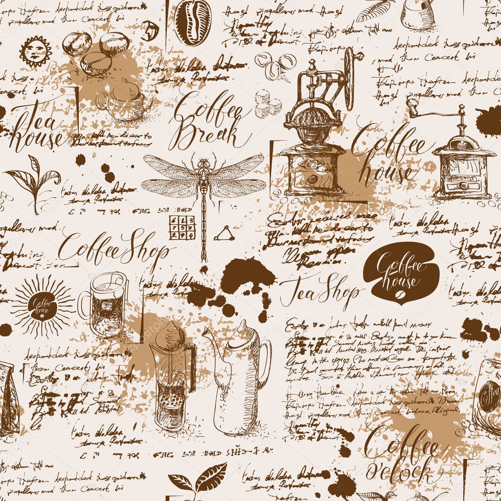 Grunge seamless background on coffee and tea theme