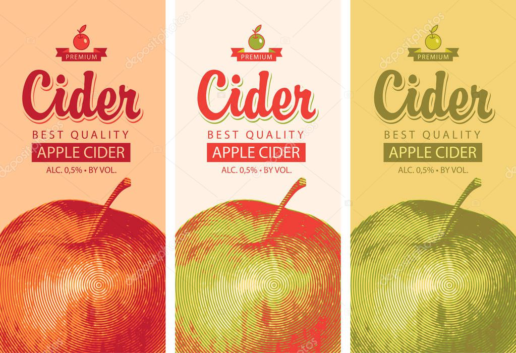 Vector set of labels for Apple cider with a realistic image of an apple and calligraphic inscription