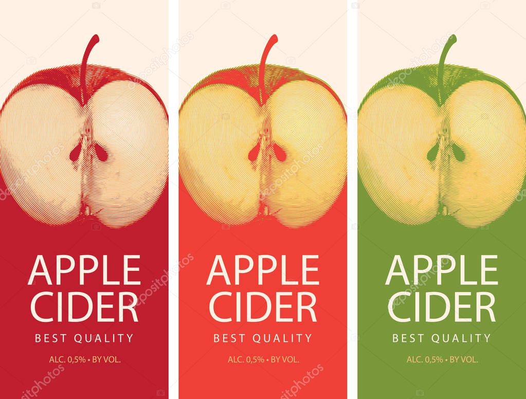 Vector set of labels for Apple cider with realistic image of half an Apple