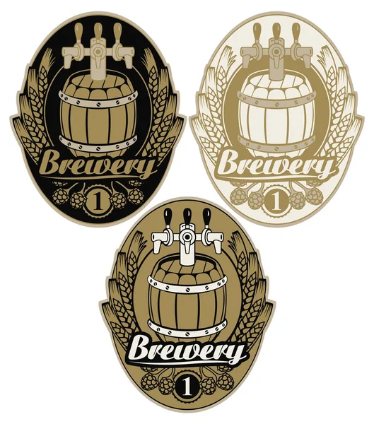 Set ovale Etiketten für Brauerei mit Bierfass — Stockvektor
