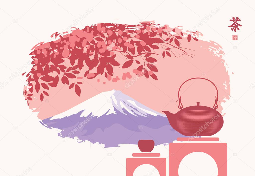 teapot and cup on background of oriental landscape