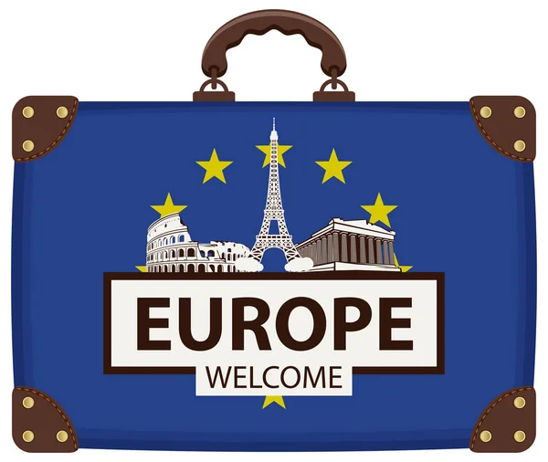 Reisetasche mit EU-Flagge und Sehenswürdigkeiten Europas — Stockvektor