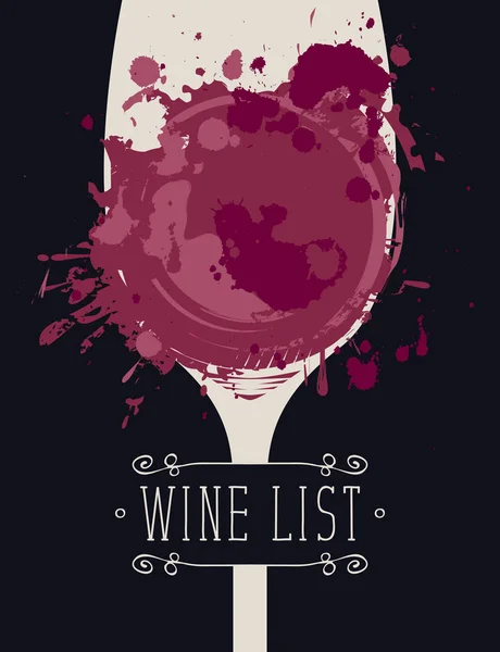 Carte des vins avec verre de vin, taches et éclaboussures — Image vectorielle