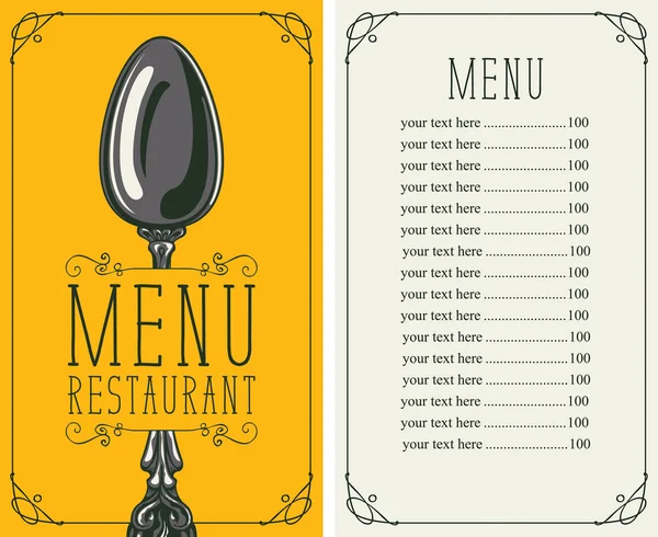Menú del restaurante con lista de precios y cuchara — Vector de stock