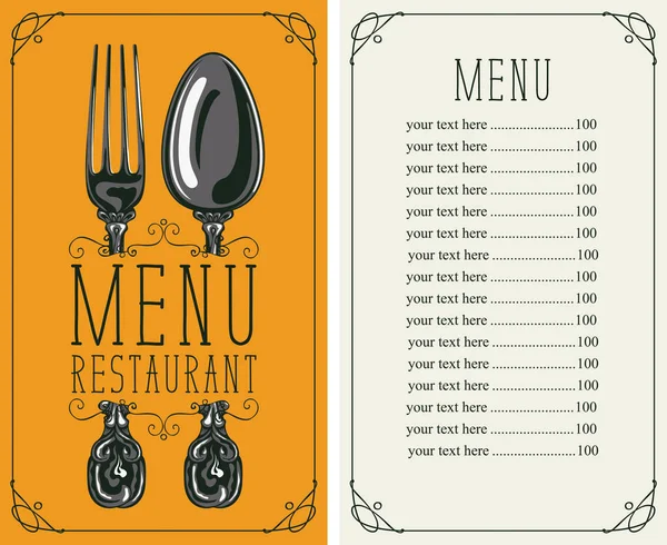 Menu restaurant avec liste de prix, fourchette et cuillère — Image vectorielle