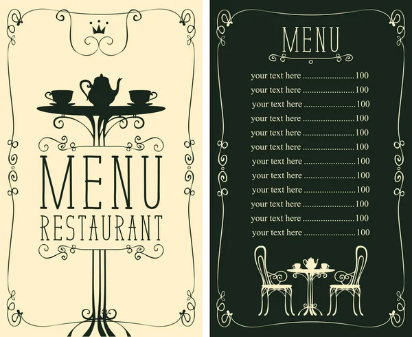 Menu with price, image of served table and chairs — Stock Vector