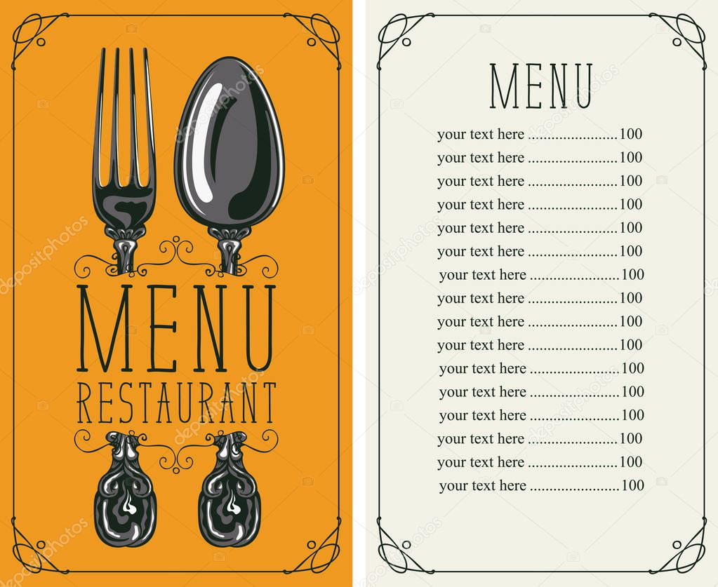restaurant menu with price list, fork and spoon