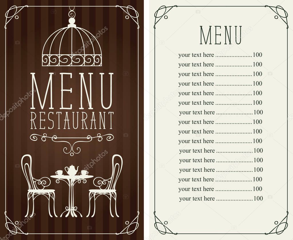 menu with price, image of served table and chairs