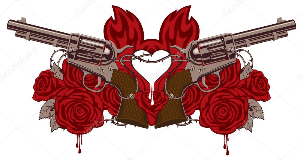 Vector banner on theme of love and death. Template for clothes, textiles, t-shirt design. Illustration with two big old revolvers, heart, fire, red roses and barbed wire isolated on white background
