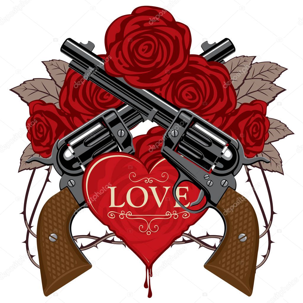 Vector banner on theme of love and death. Template for clothes, textiles, t-shirt design. Illustration with two old crossed revolvers, heart, red roses and barbed wire isolated on white background