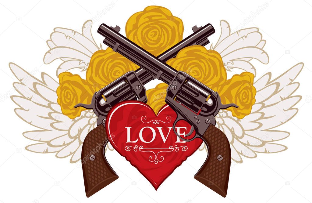 Vector banner on theme of love and death. Template for clothes, textiles, t-shirt design. Illustration with two old crossed revolvers, heart, yellow roses and wings isolated on white background