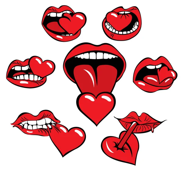 Conjunto de iconos con una boca que se come el corazón — Vector de stock